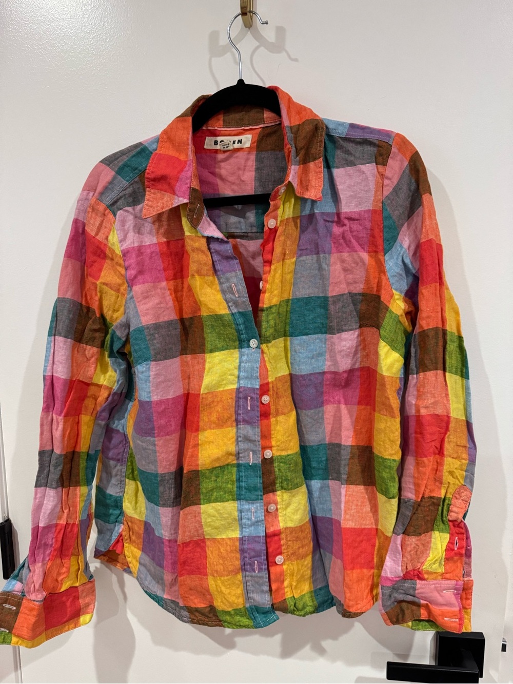 Boden Rainbow Plaid Linen Button-Down Shirt, 10 - Picture 2 of 5